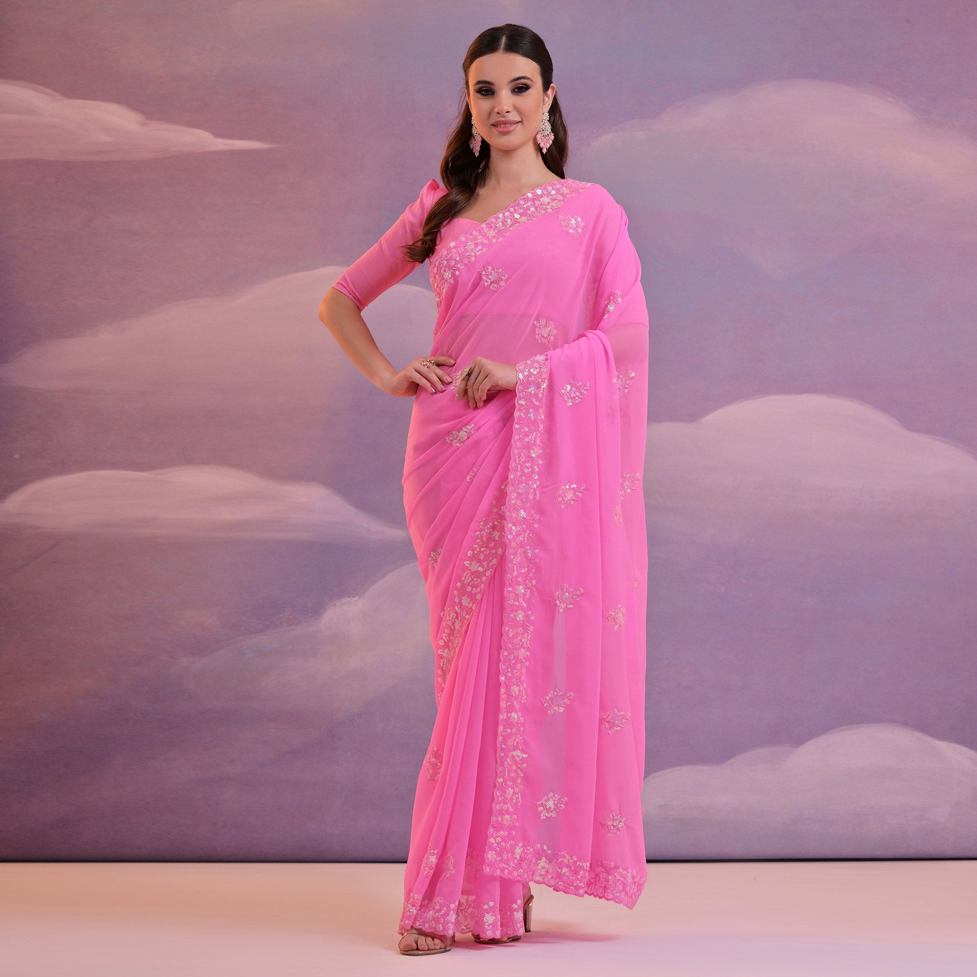 Pink Floral Sequins Embroidered Saree
