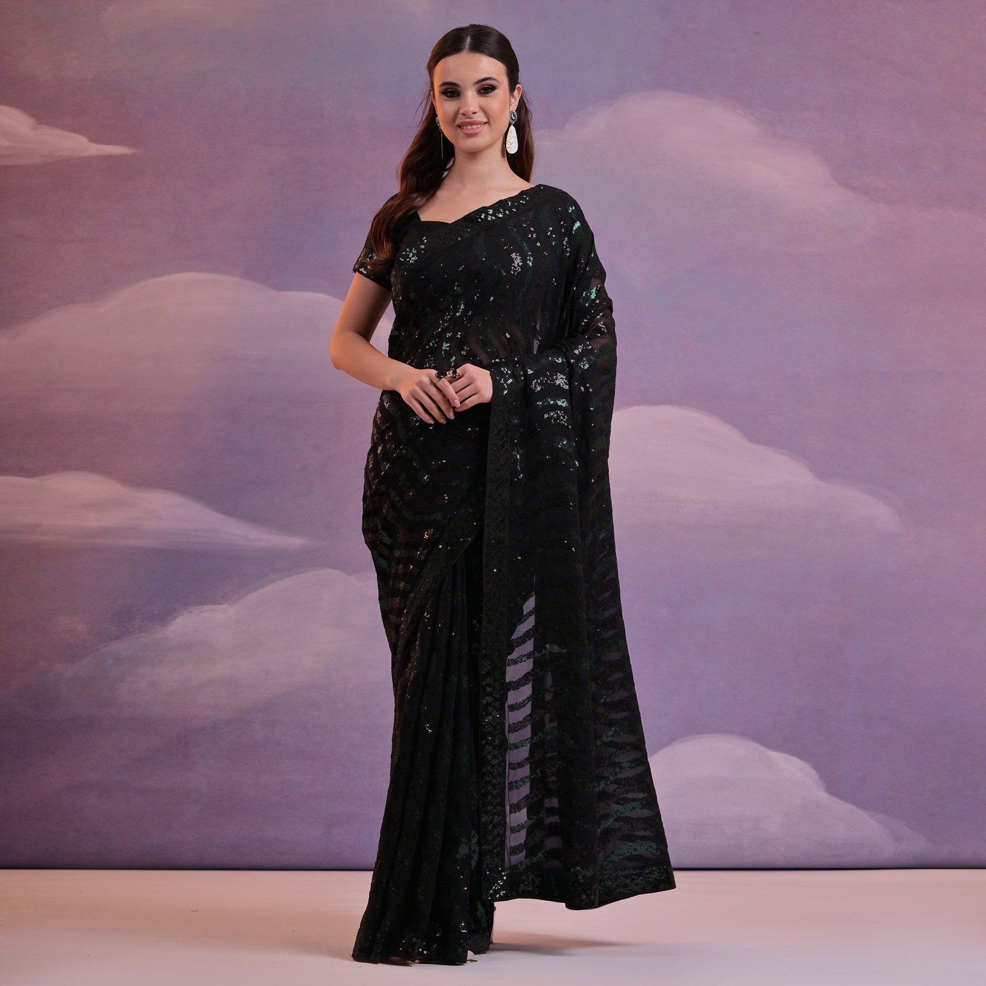 Black Sequins Embroidered Georgette Saree With Lace Border