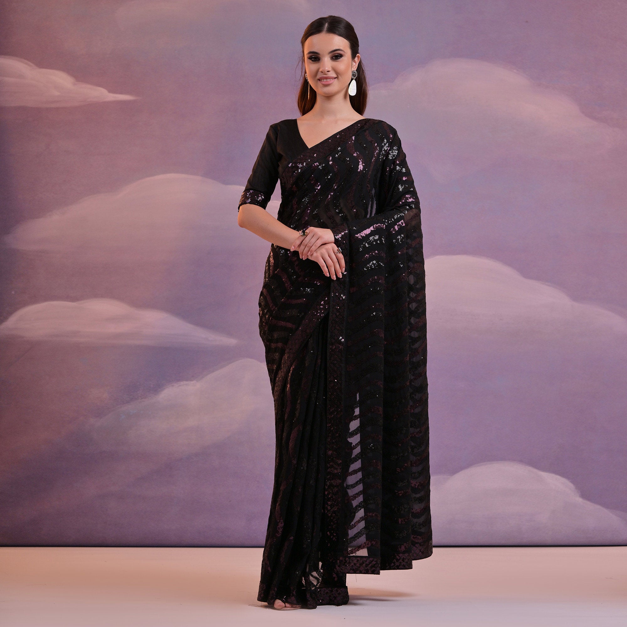 Black Sequins Embroidered Georgette Saree With Lace Border