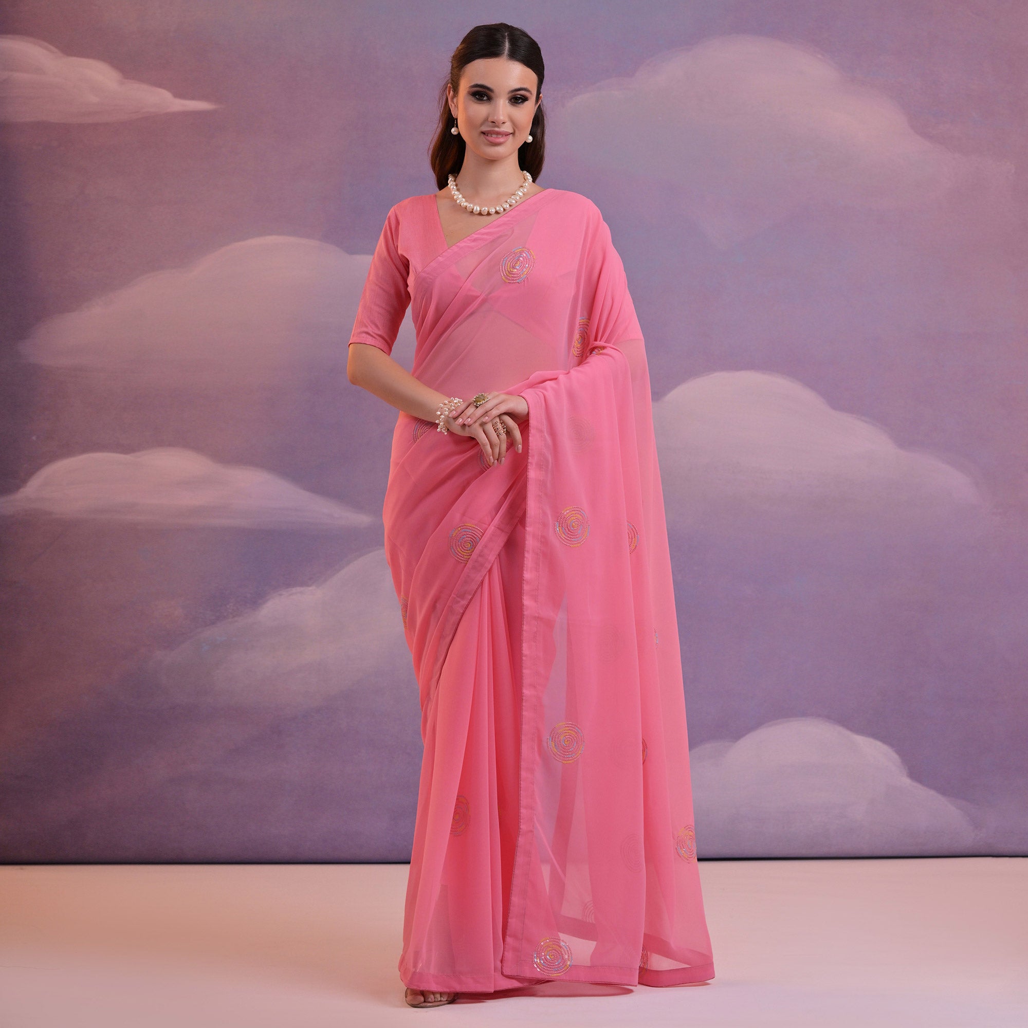 Pink Sequins Embroidered Georgette Saree