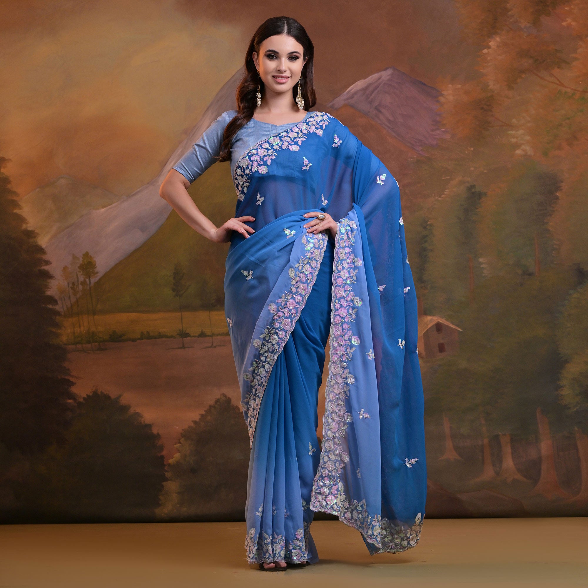 Blue Floral Sequins Embroidered Georgette Saree