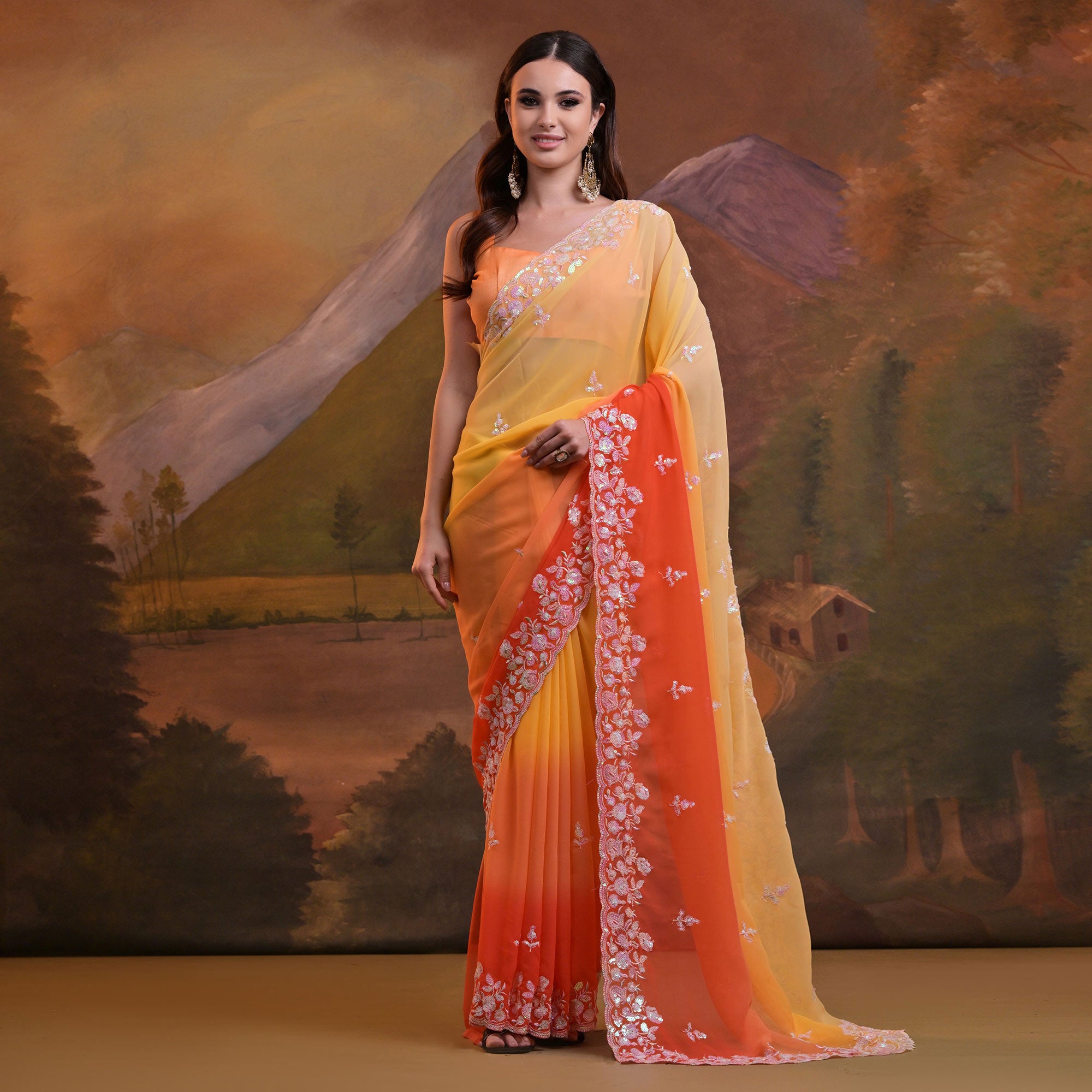 Yellow & Orange Floral Sequins Embroidered Georgette Saree