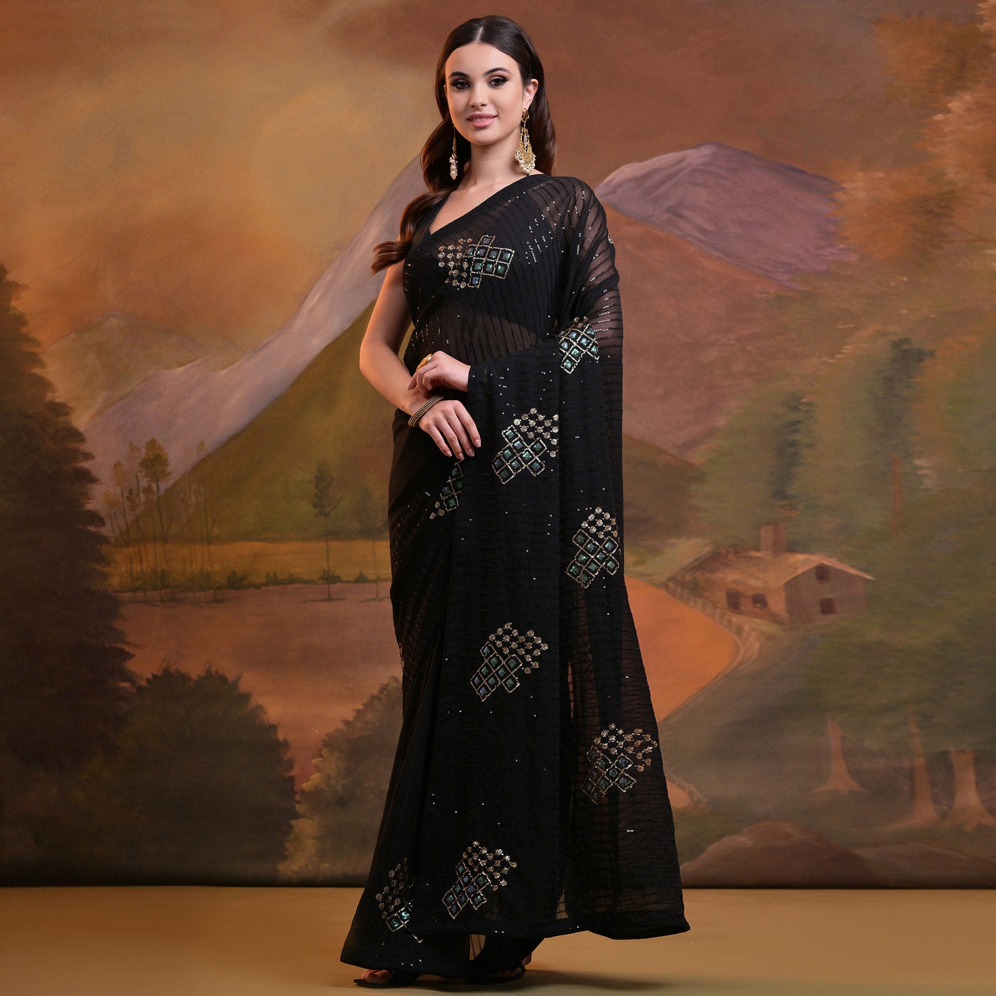 Black Sequins Embroidered Georgette Saree