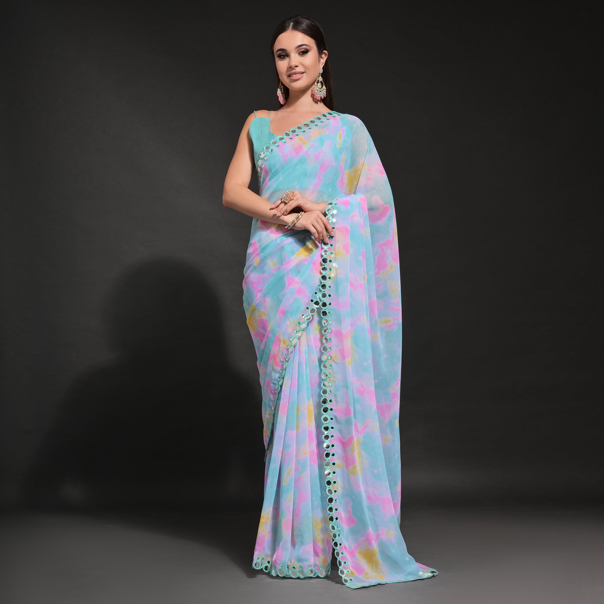 Blue Printed Georgette Saree With Embroidered Lace