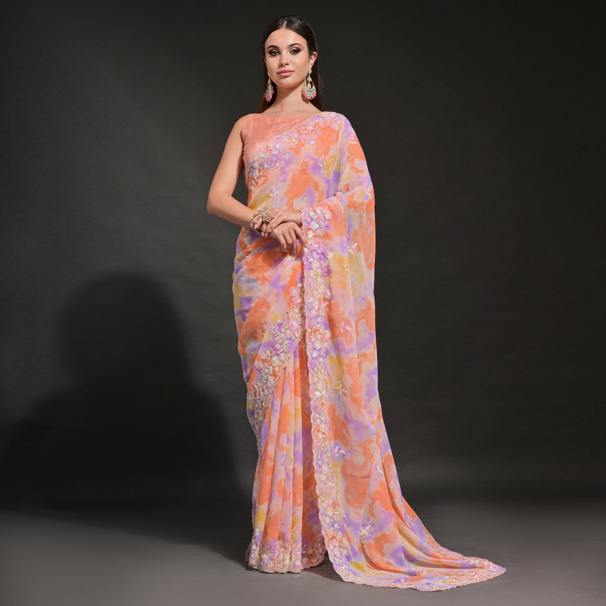 Light Orange Sequins Embroidered With Printed Georgette Saree