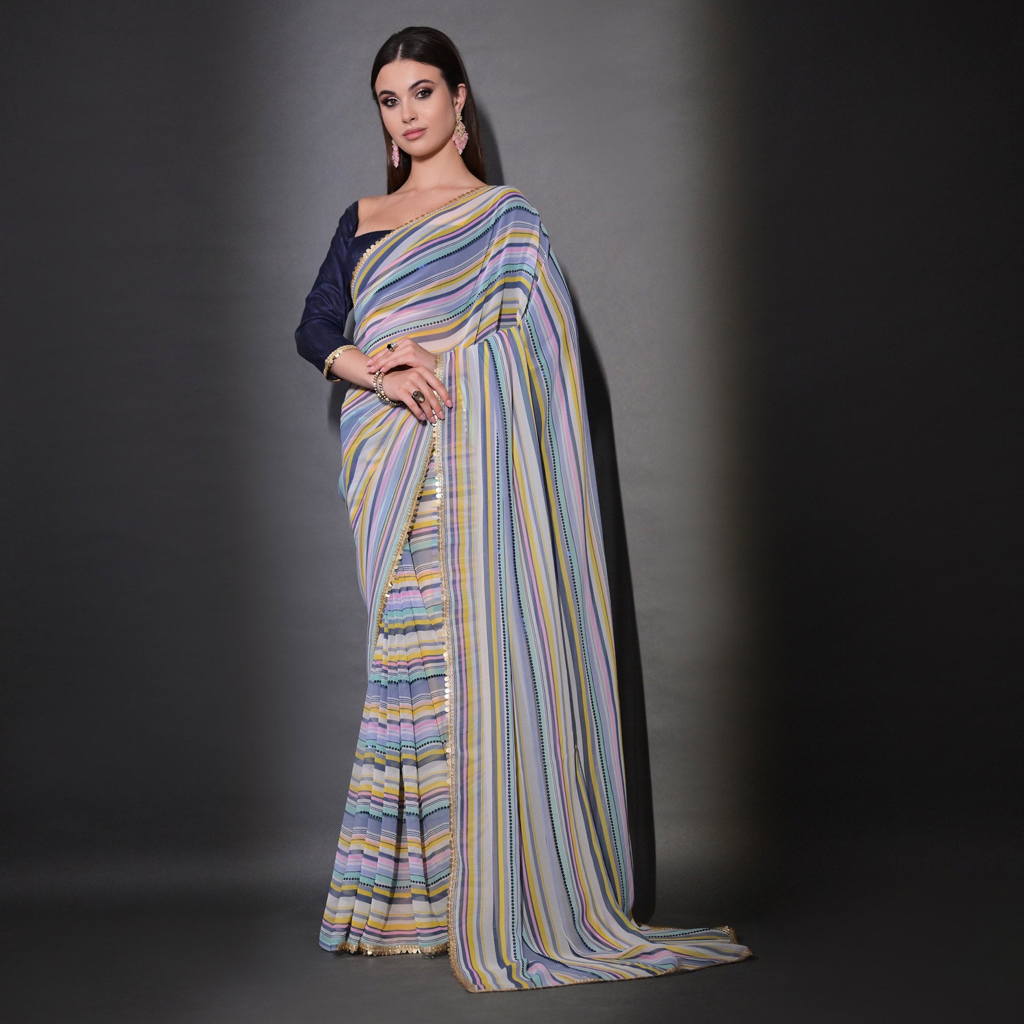 Blue Striped Printed With Sequins Embroidered Georgette Saree
