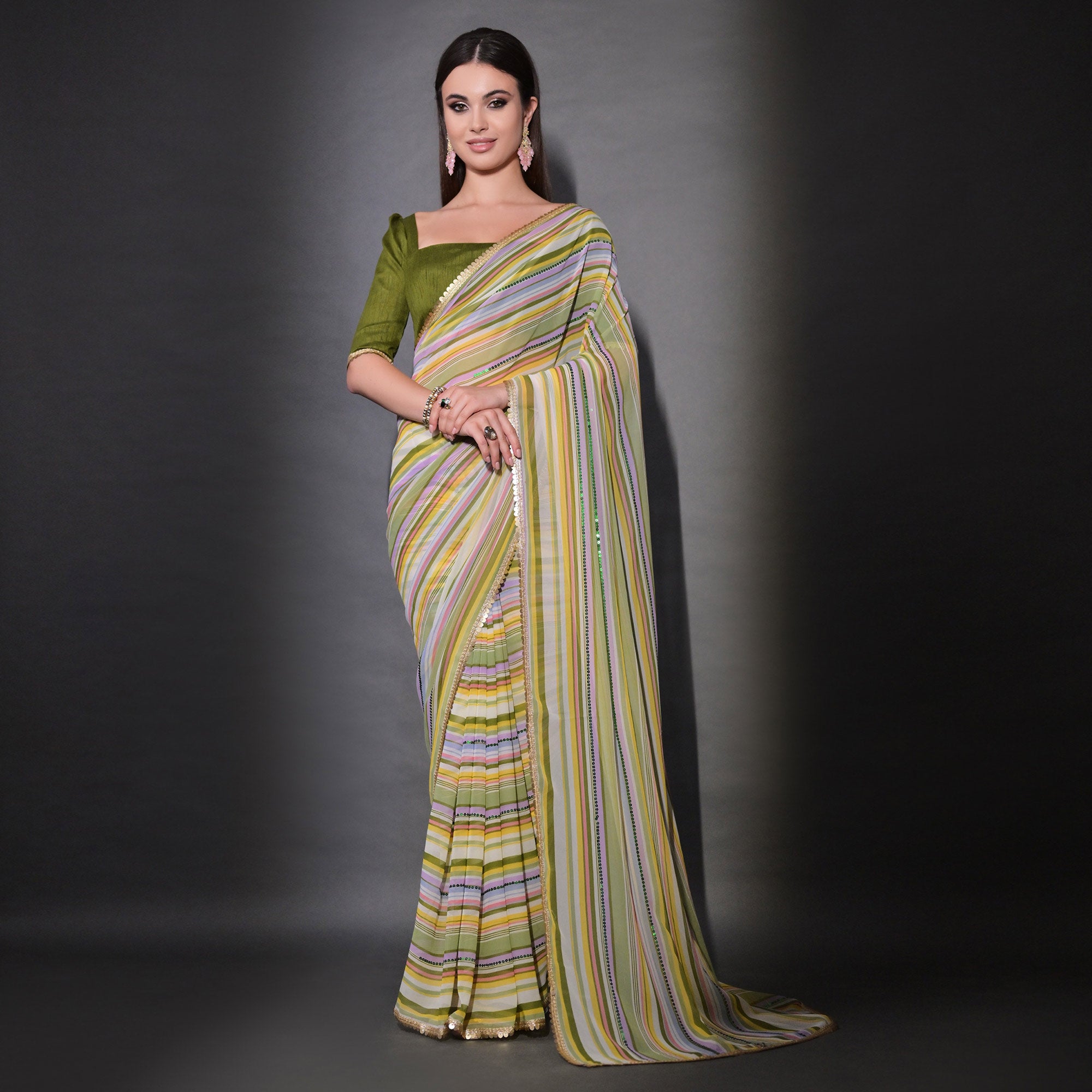 Green Striped Printed With Sequins Embroidered Georgette Saree