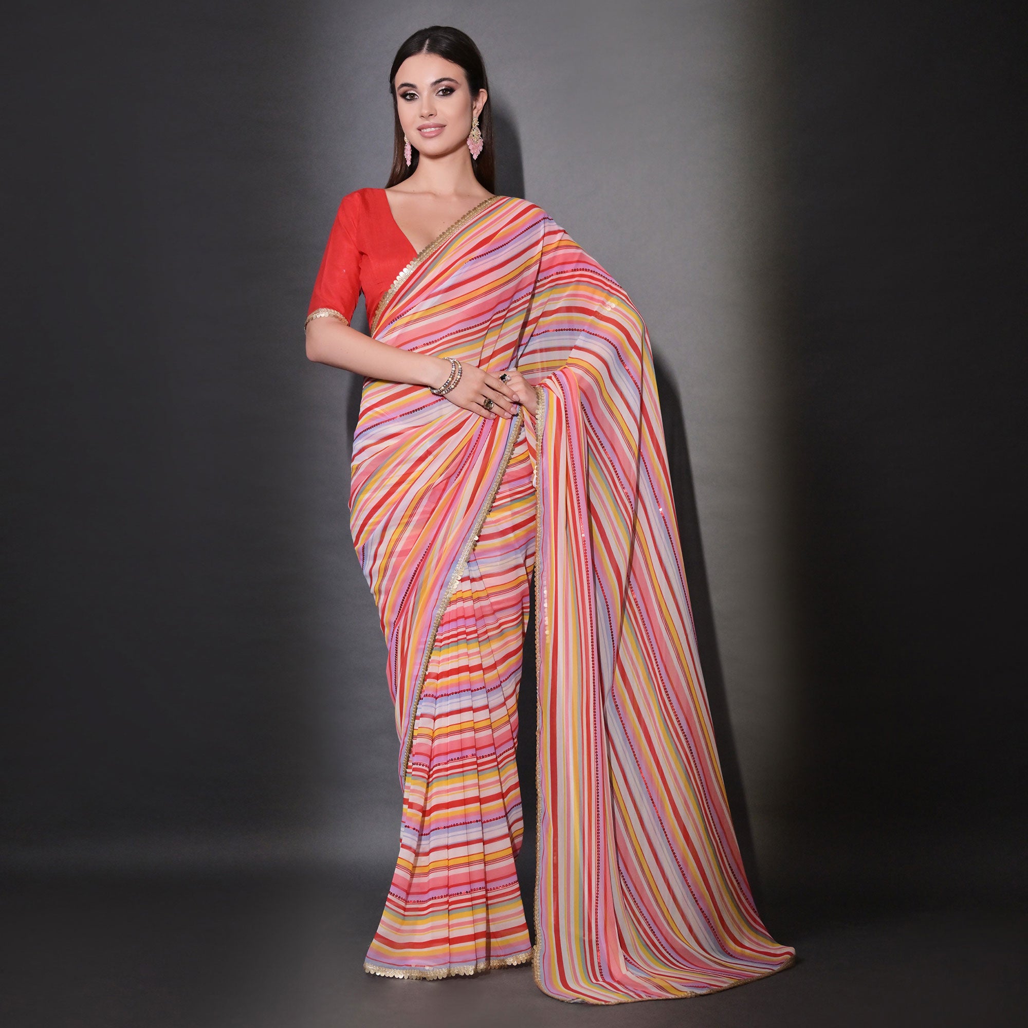 Red Striped Printed With Sequins Embroidered Georgette Saree