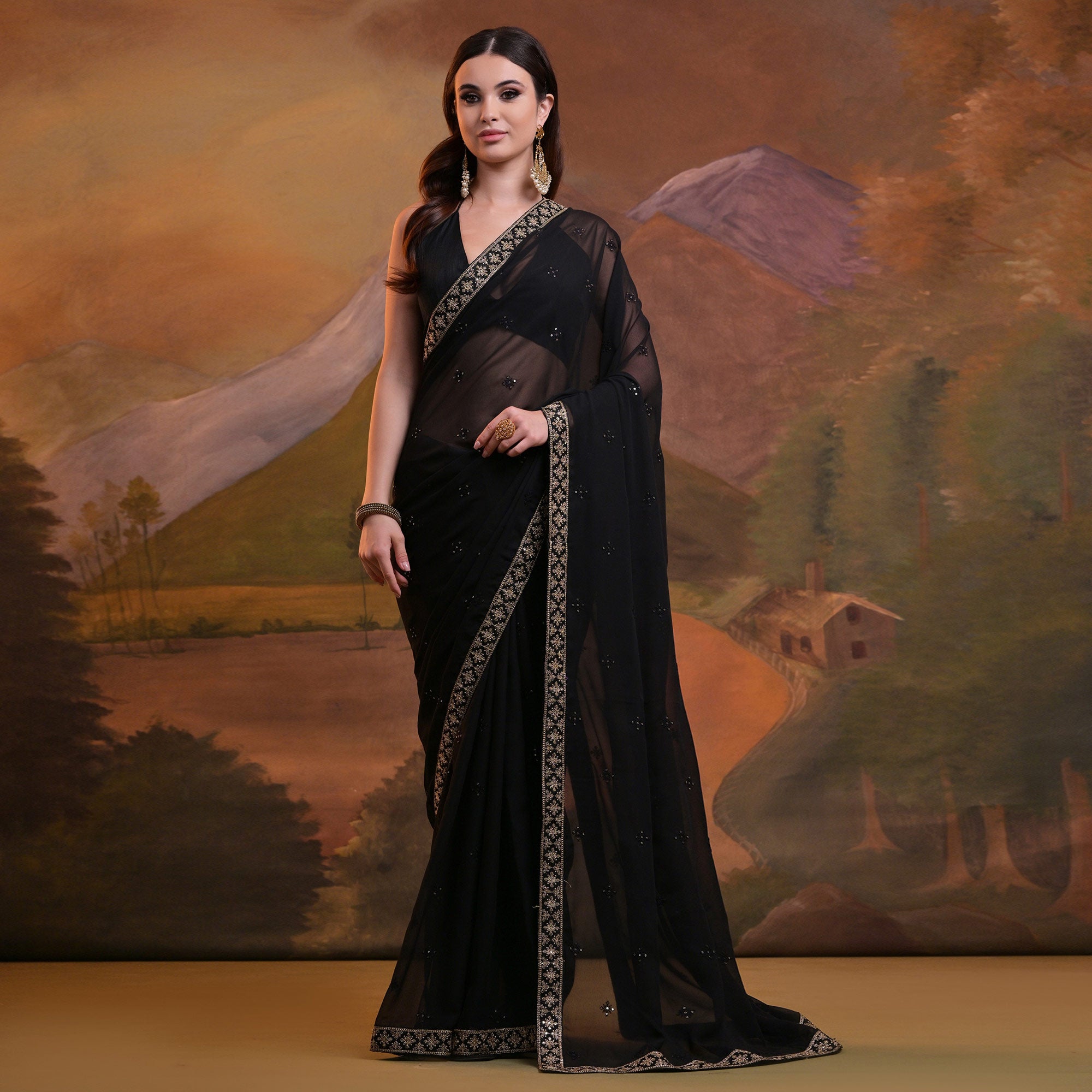 Black Butti Sequins Embroidered Georgette Saree