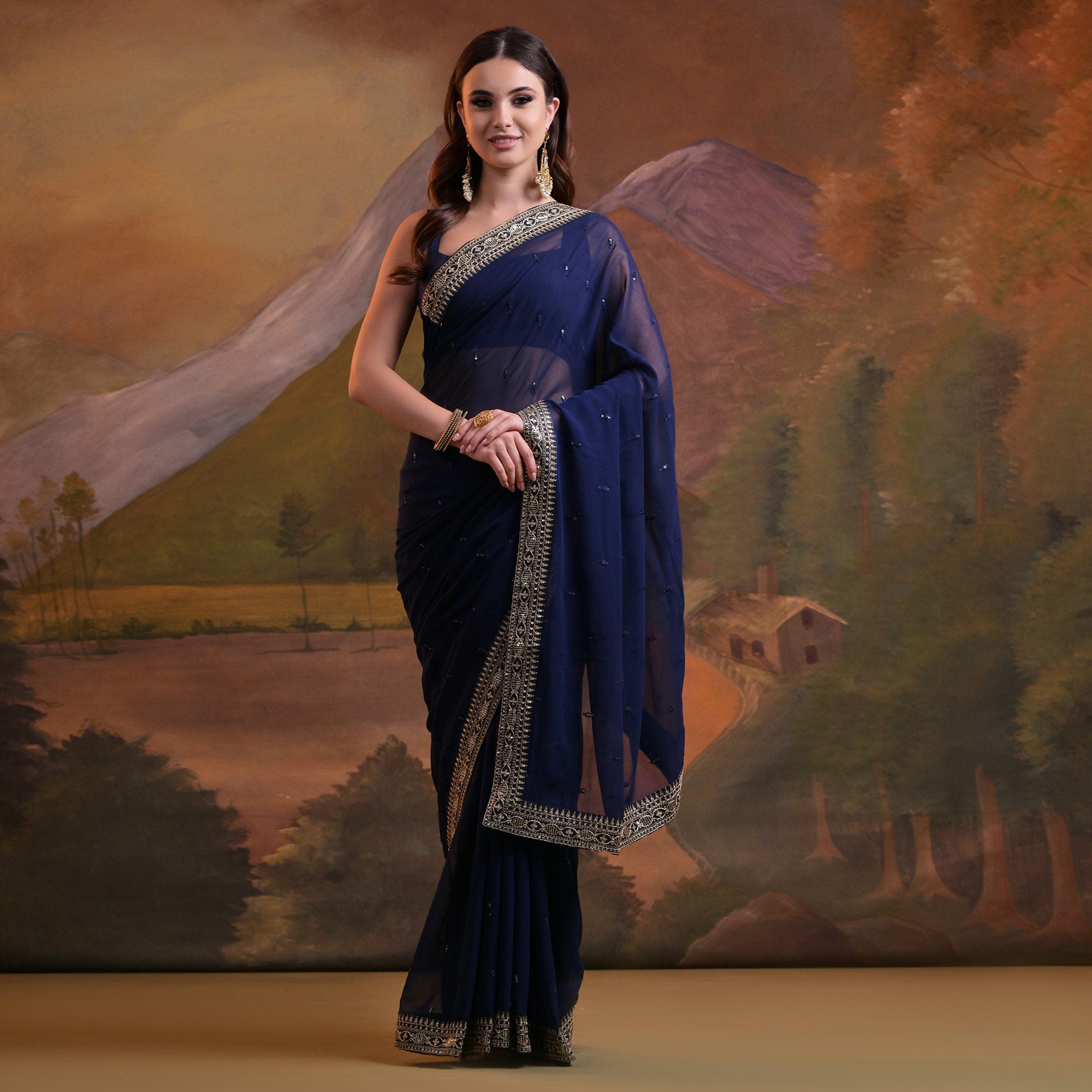 Blue Butti Sequins Embroidered Georgette Saree