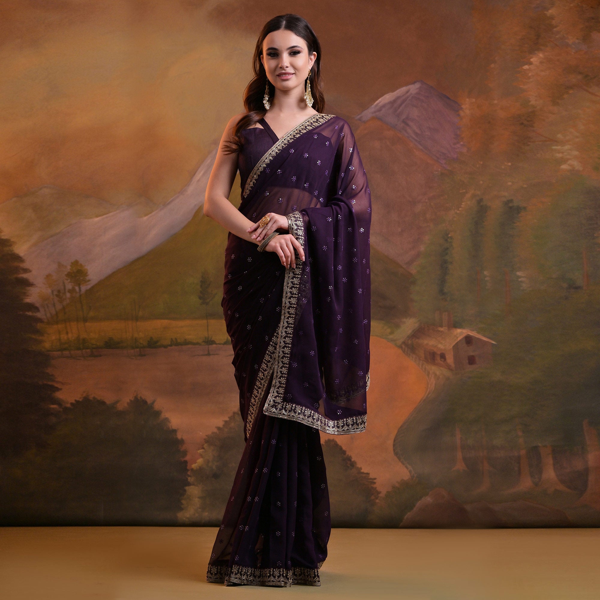 Purple Butti Sequins Embroidered Georgette Saree