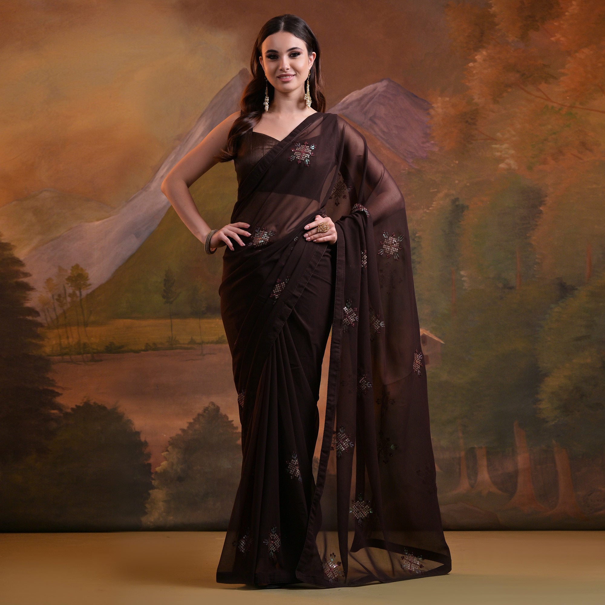 Brown Sequins Embroidered Georgette Saree