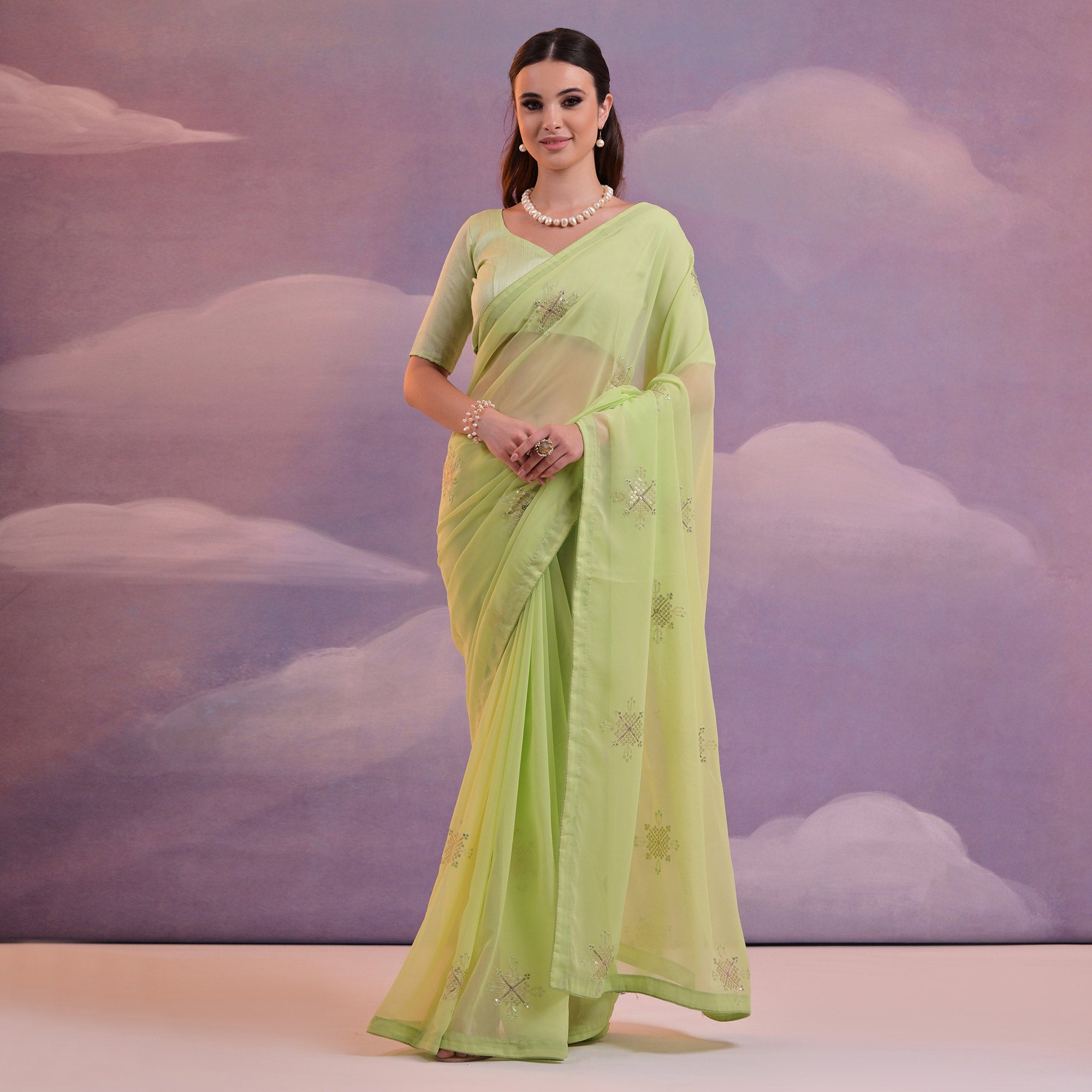 Green Sequins Embroidered Georgette Saree