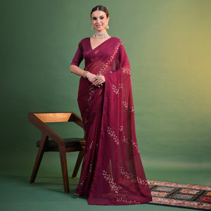 Maroon Floral Sequins Embroidered Georgette Saree