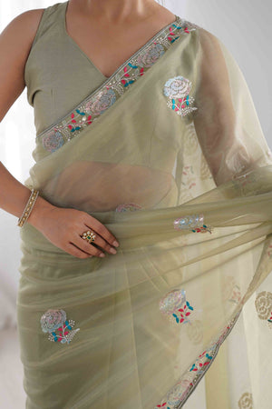 Green Floral Embroidered Net Saree