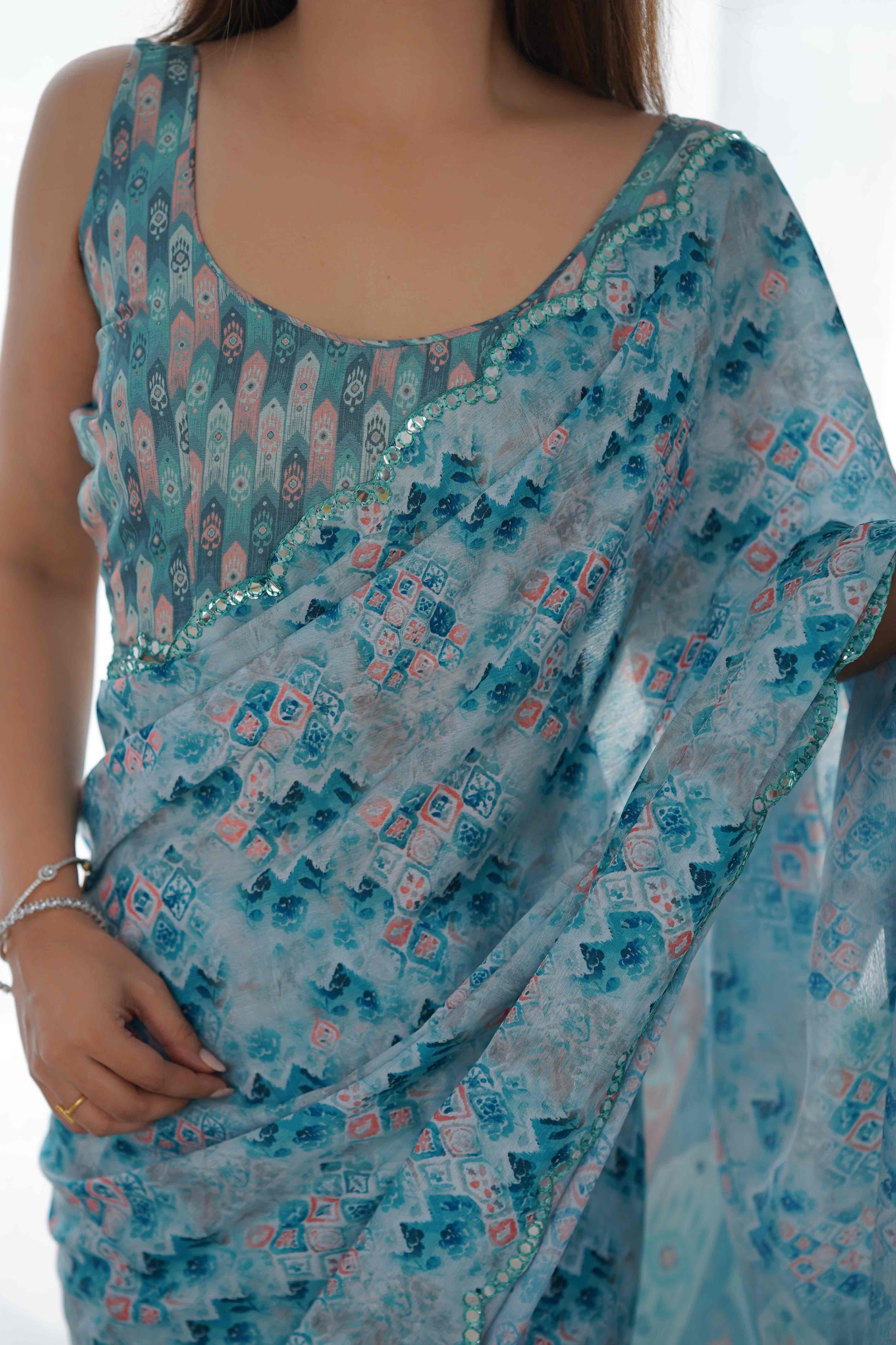 Sky Blue Geometric Printed Chinon Saree