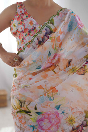 Off White Floral Printed Chinon Saree