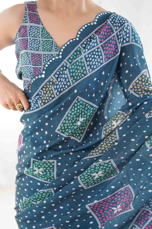 Teal Geometric Printed Chinon Saree