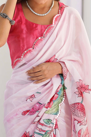 Light Pink Chinon Saree with Glimmering Mirror Work and Floral Prints