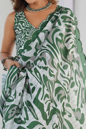 Green & White Chinon Saree with Glimmering Kutchi Mirror Work and Print