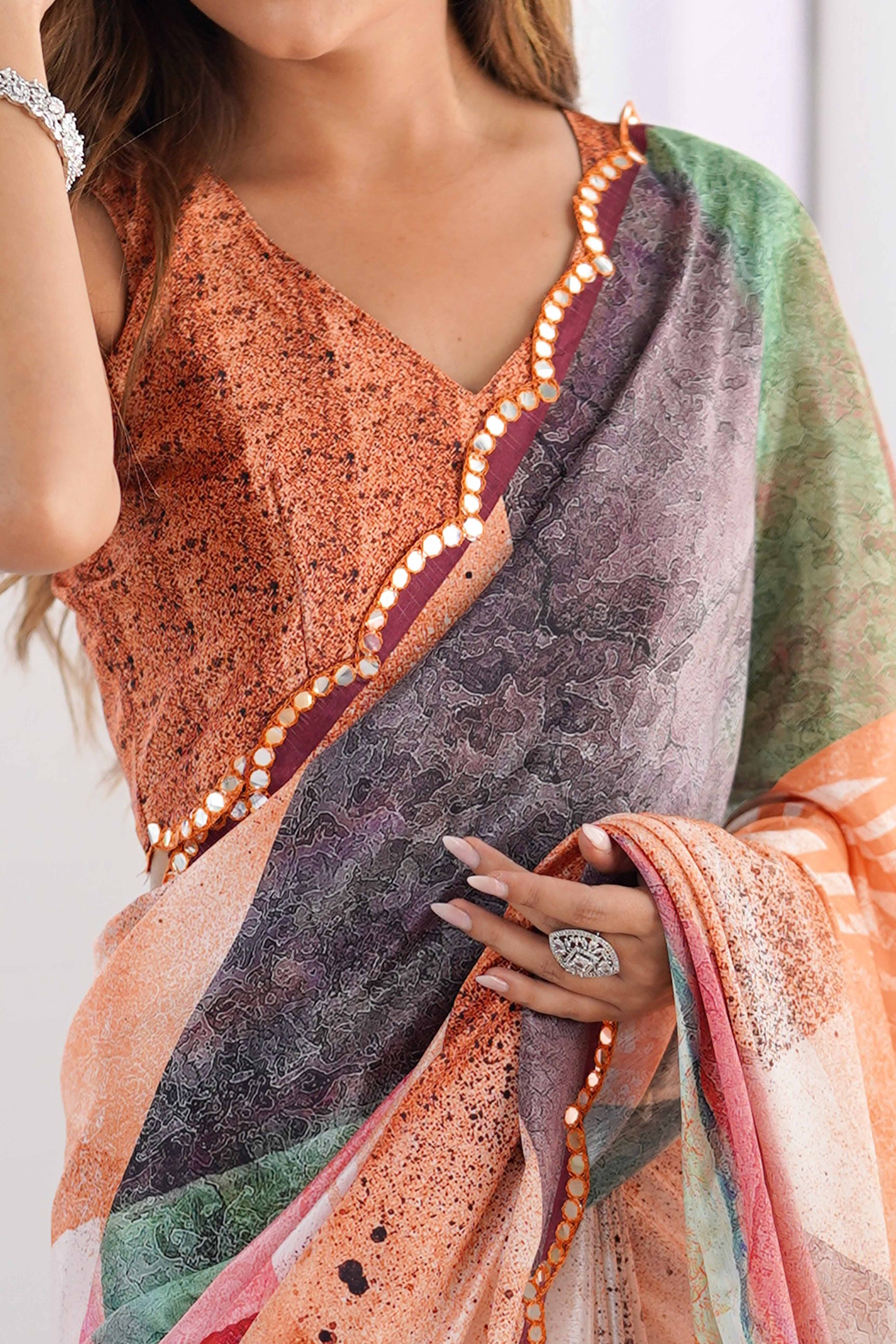 Multicolor Chinon Saree with Glimmering Kutchi Mirror Work and Print