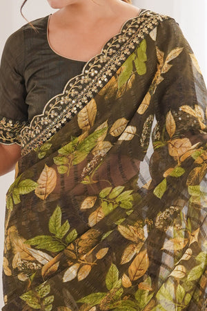 Elegant Green Leaf & Floral Print Georgette Saree With Intricate Cording Sequins Embroidery Border