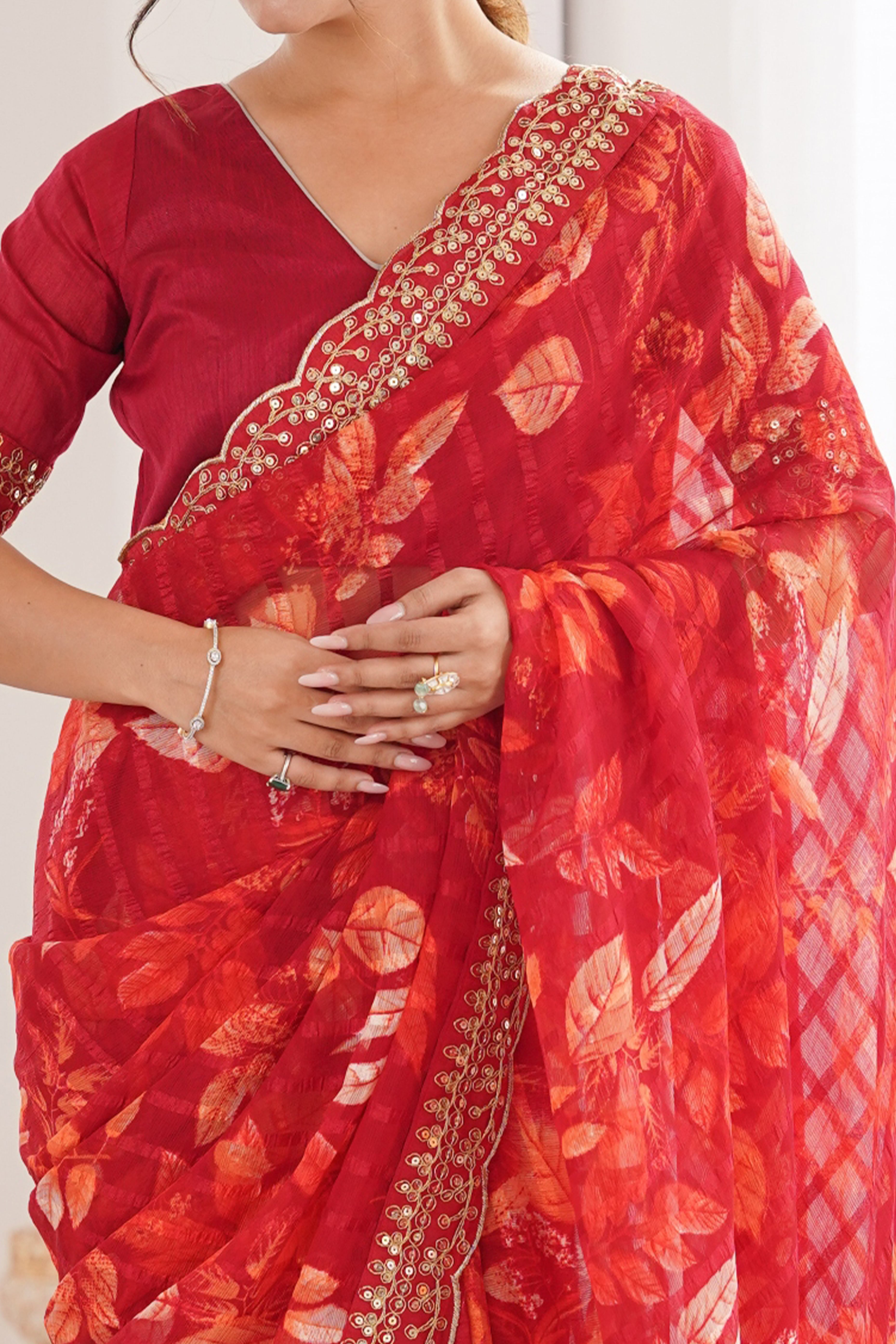 Elegant Red Leaf & Floral Print Georgette Saree With Intricate Cording Sequins Embroidery Border