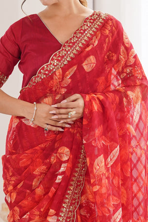 Elegant Red Leaf & Floral Print Georgette Saree With Intricate Cording Sequins Embroidery Border