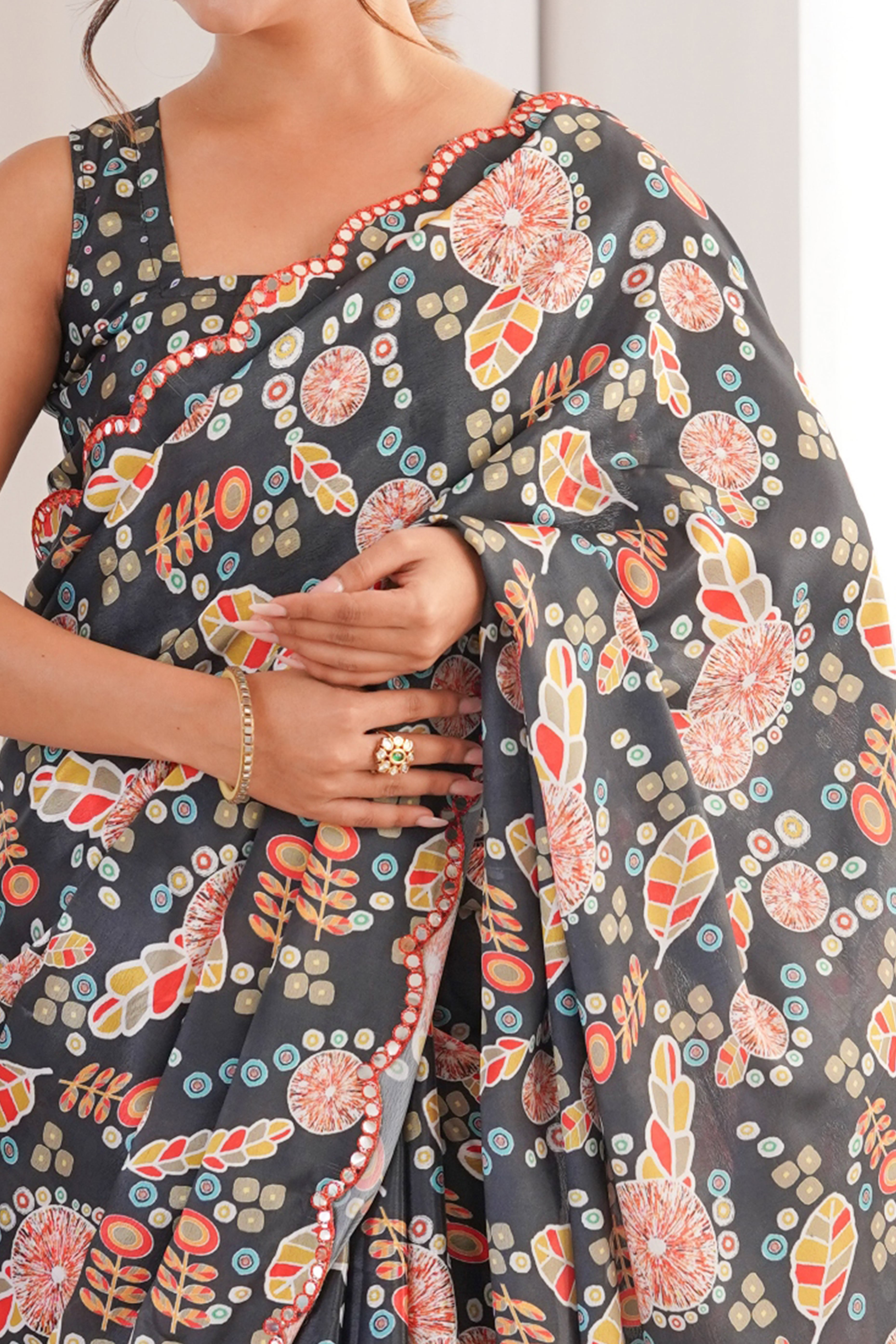 Chic Black Leaf & Floral Motif Digital Printed Chinon Saree With Delicate Embroidered Border