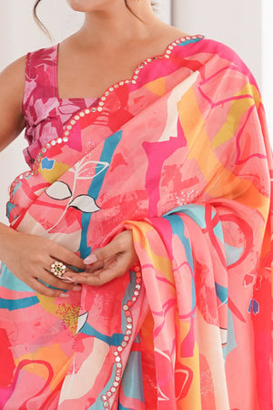 Sophisticated Pink Floral & Abstract Digital Printed Chinon Saree Highlighted By Embroidered Border