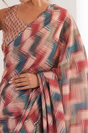 Vibrant Multicolor Ikkat Digital Printed Chinon Saree Accented With Elegant Embroidered Border Work