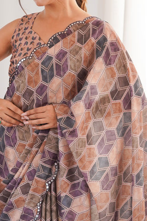 Vibrant Multicolor Geometric Digital Printed Chinon Saree Accented With Exquisite Embroidered Border