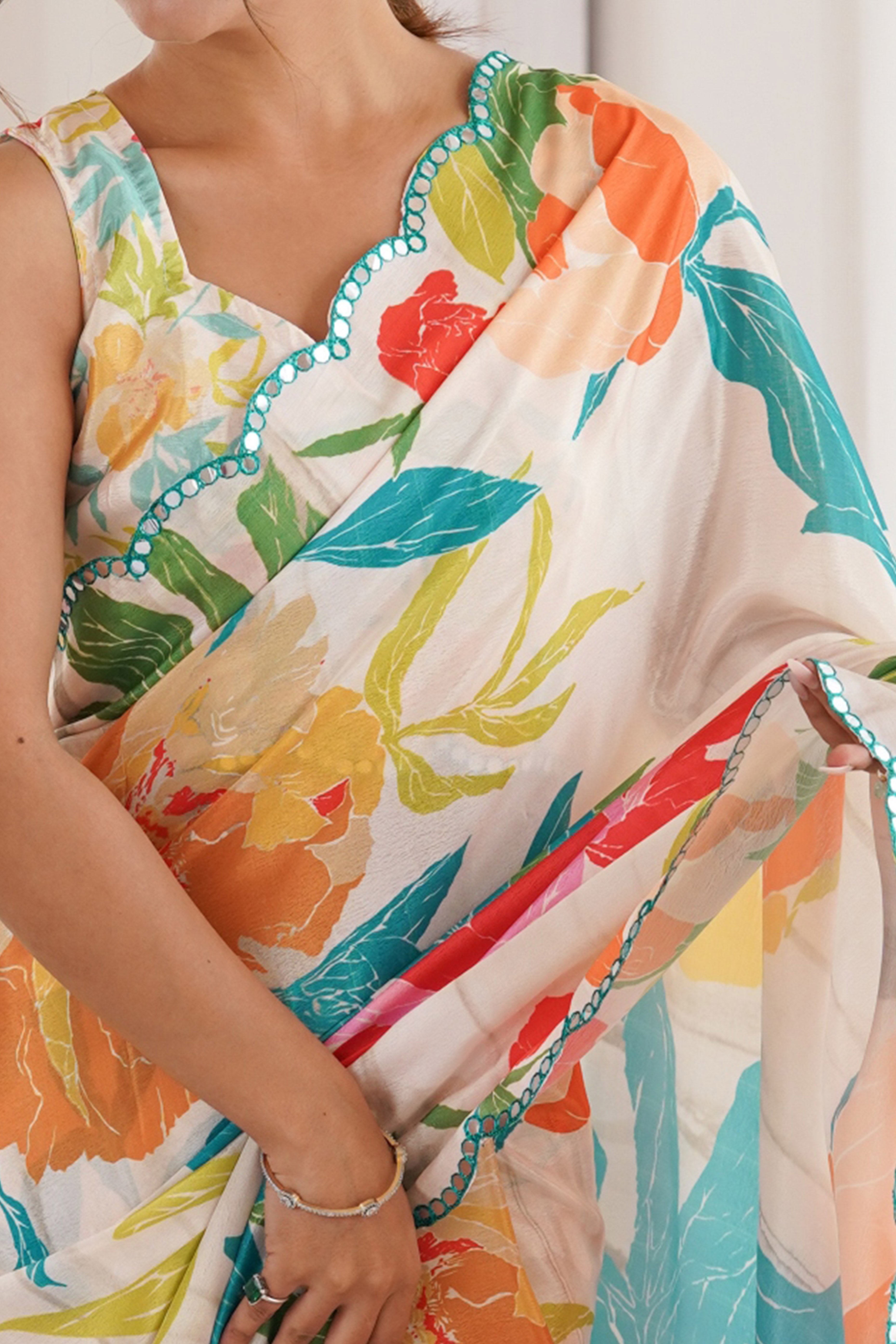 Chic Multicolor Floral Digital Printed Chinon Saree With Handcrafted Embroidered Border Elegance