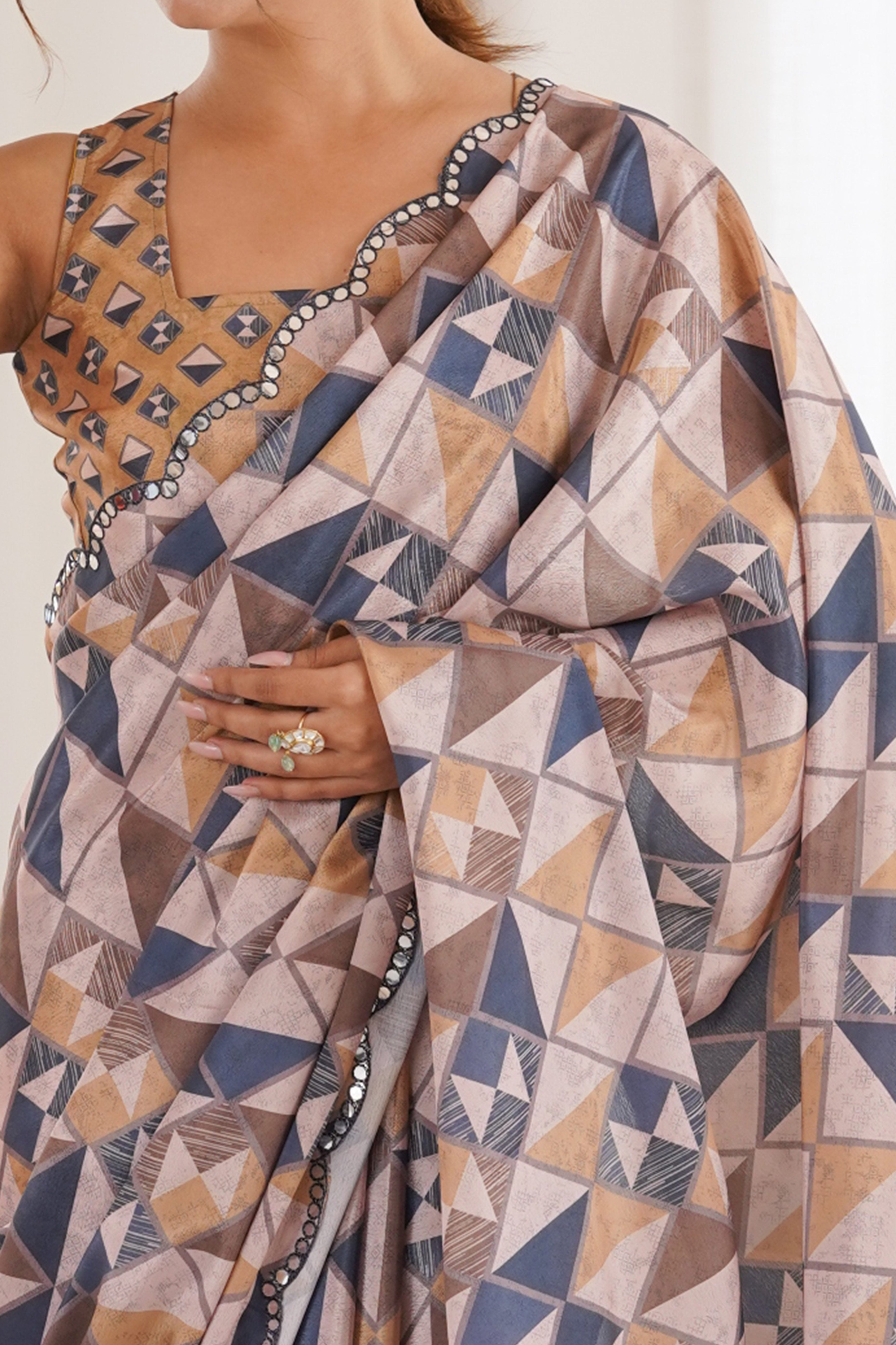 Opulent Multicolor Geometric Digital Printed Chinon Saree Enhanced With Premium Embroidered Border