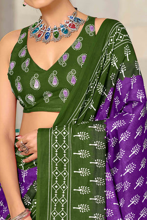 Fresh Green & Purple Soft Cotton Saree with All-Over Floral Prints