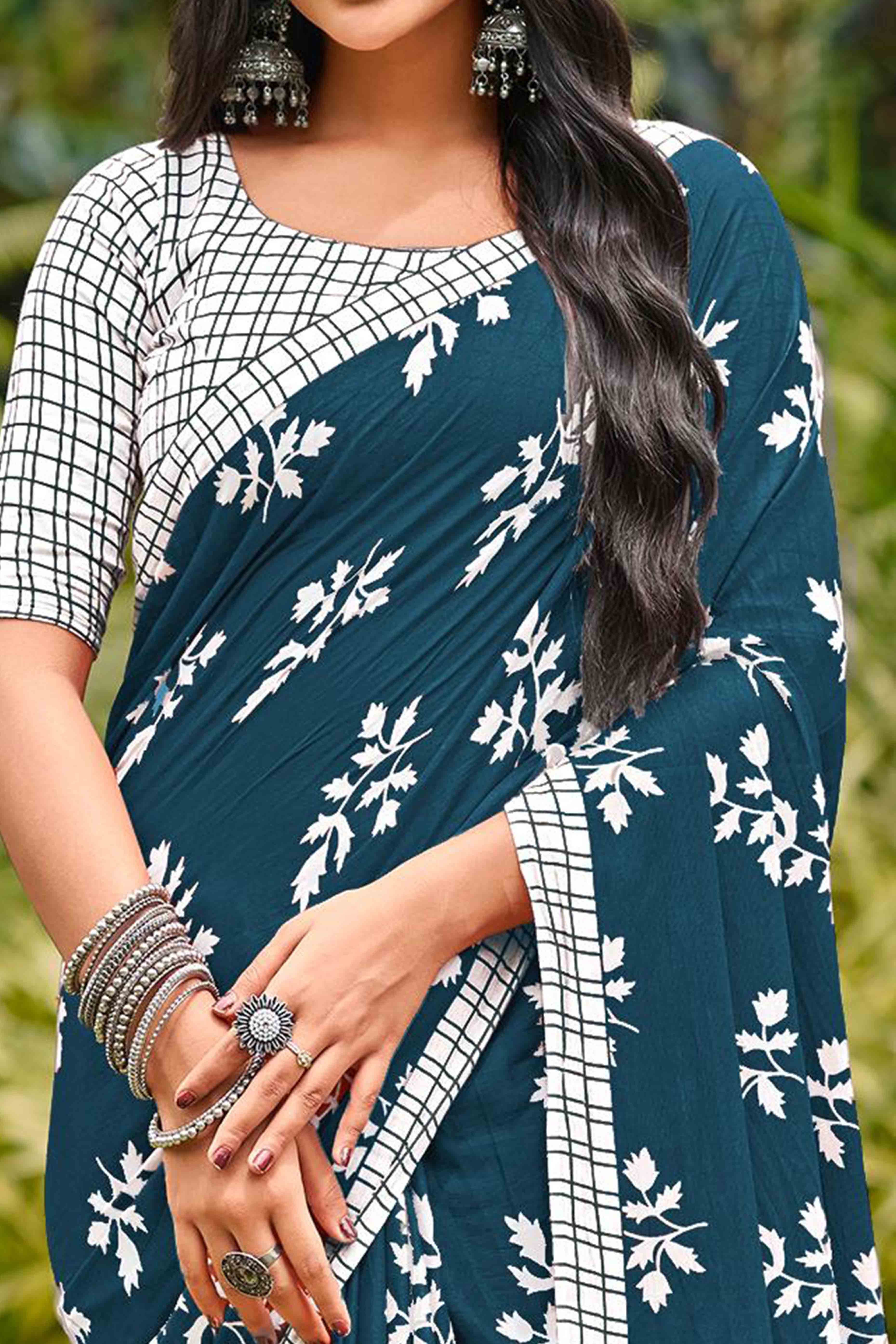Dark Grey Floral Printed Fancy Light Weight Cotton Saree