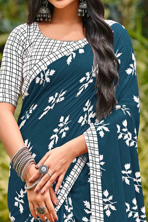Dark Grey Floral Printed Fancy Light Weight Cotton Saree