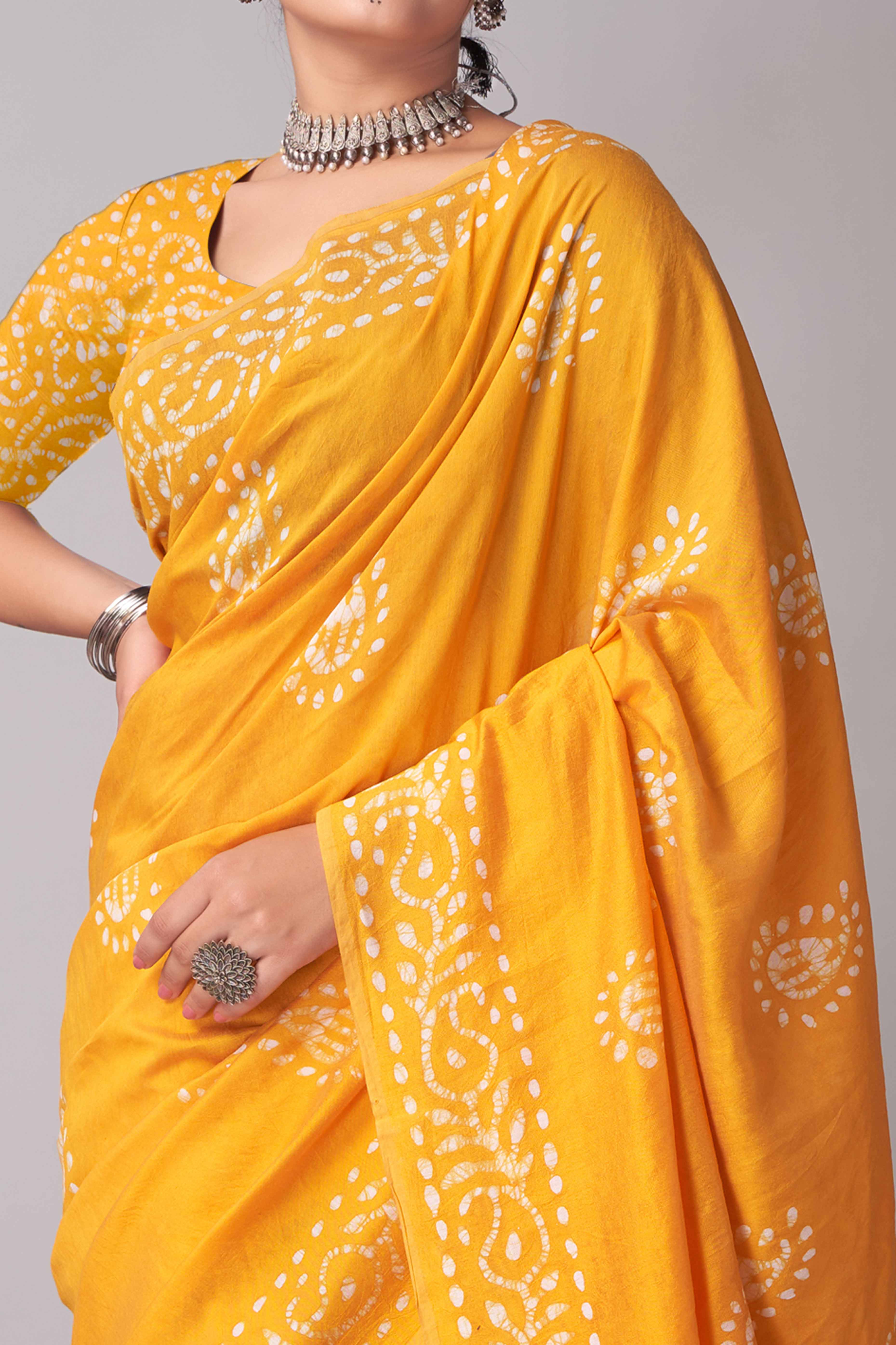 Yellow Batik Printed Chanderi Cotton Silk Saree
