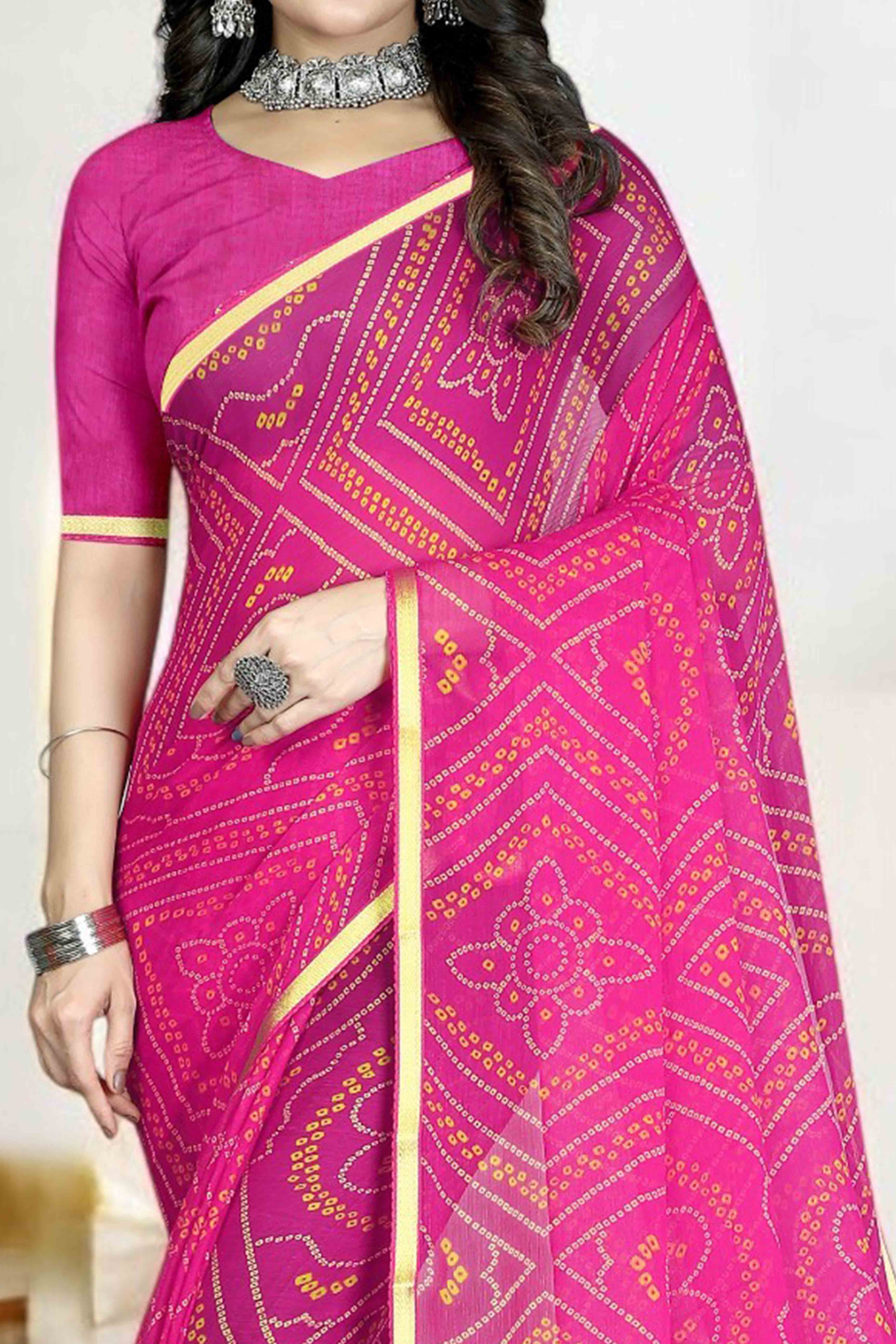 Pink Bandhani Printed Chiffon Saree With Lace Border