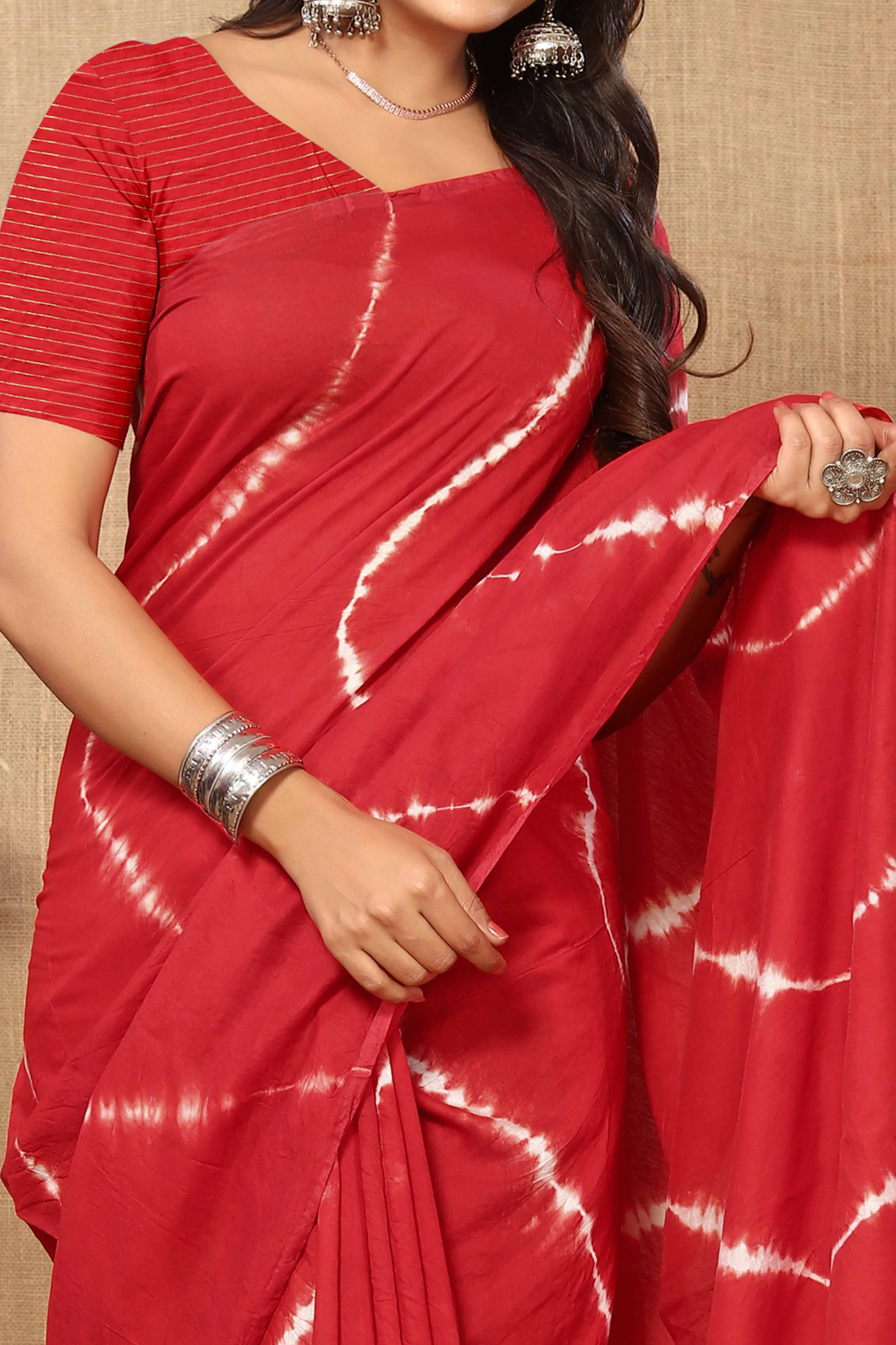 Red Leheriya Printed Chanderi Cotton Silk Lagdi Patta Saree