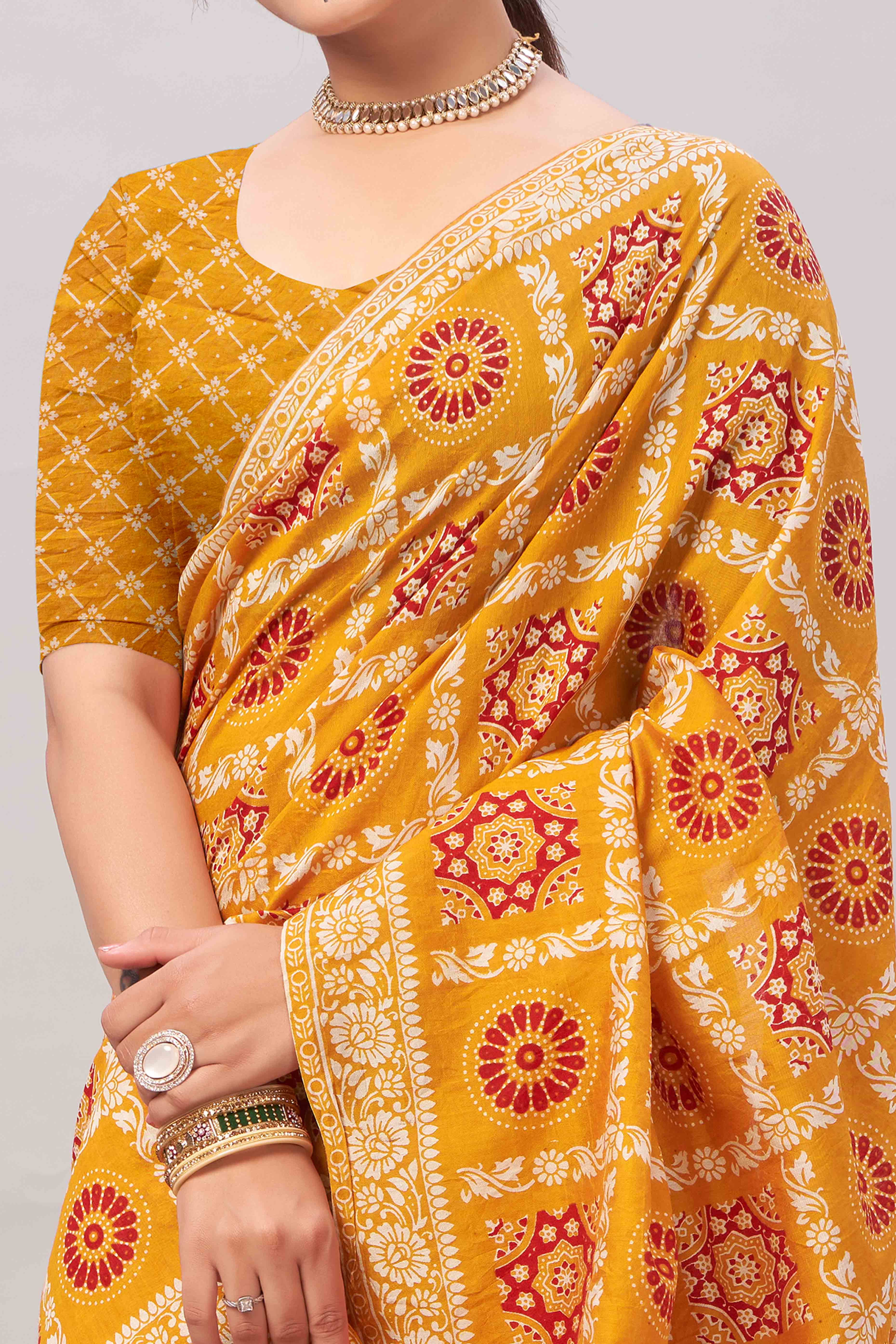 Mustard Ajrakh Printed Cotton Blend Saree