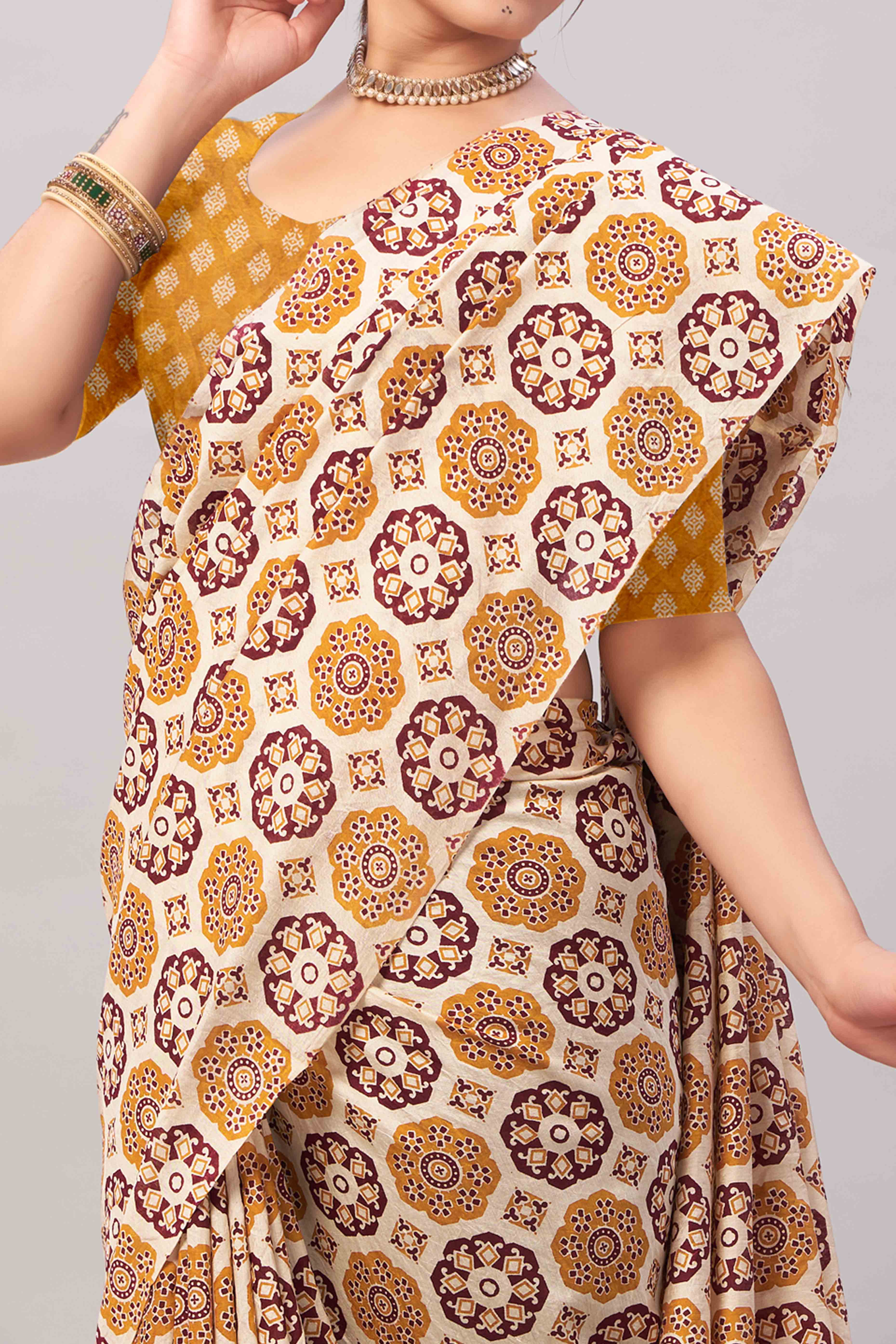 Cream & Mustard Ajrakh Printed Cotton Blend Saree