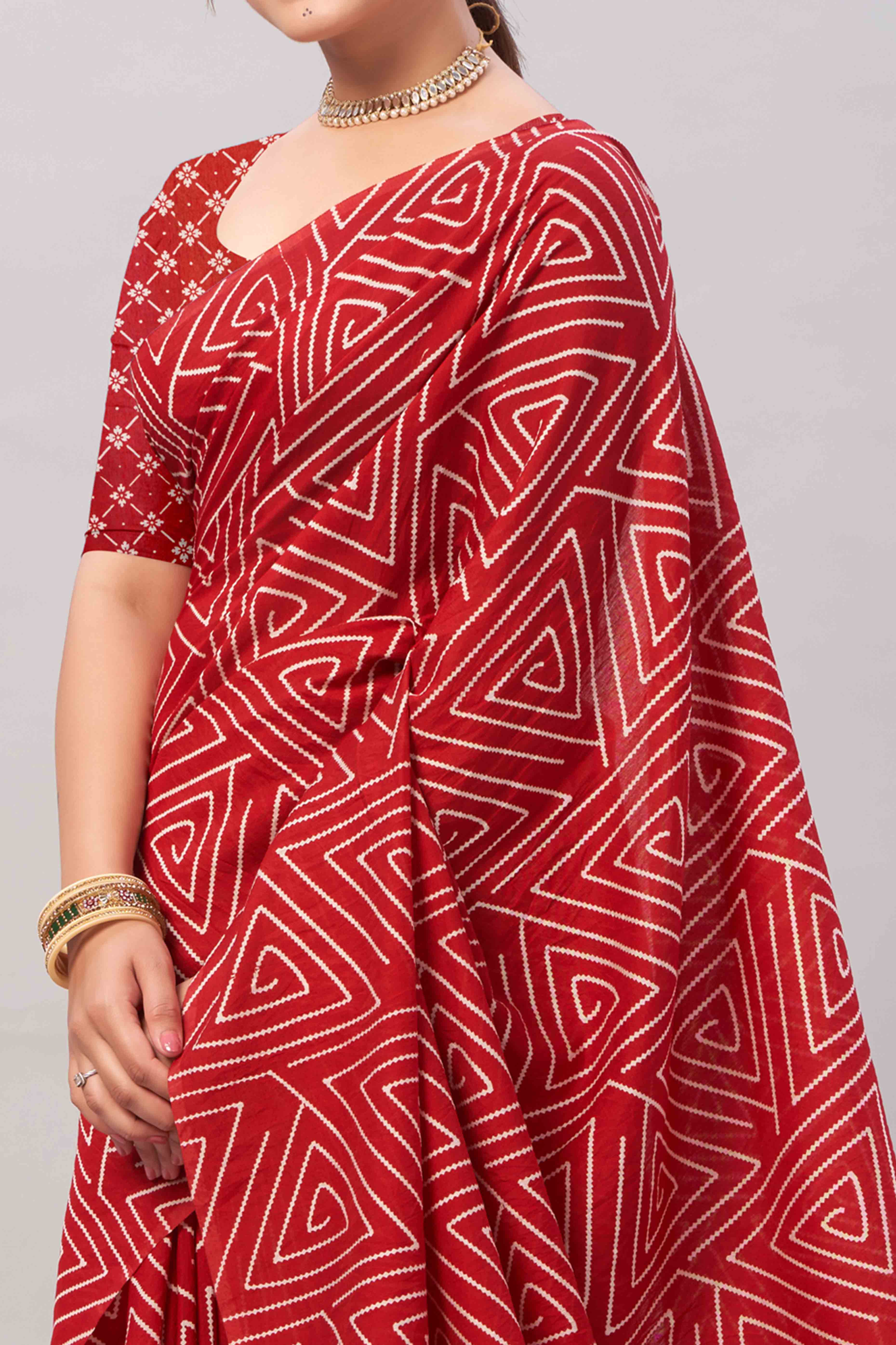 Red Ajrakh Printed Cotton Blend Saree