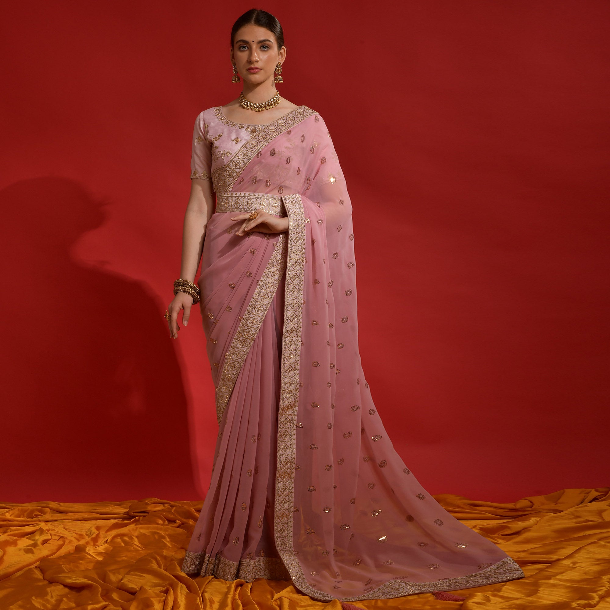 Pink Sequins Embroidered Georgette Saree