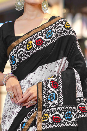 Black Batik Traditional Print Printed Pure Mulmul Cotton Saree