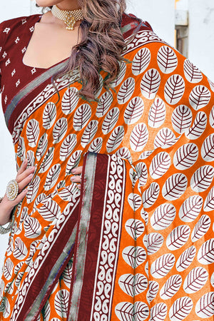 Vibrant Orange Floral Print In Mulmul Cotton Saree
