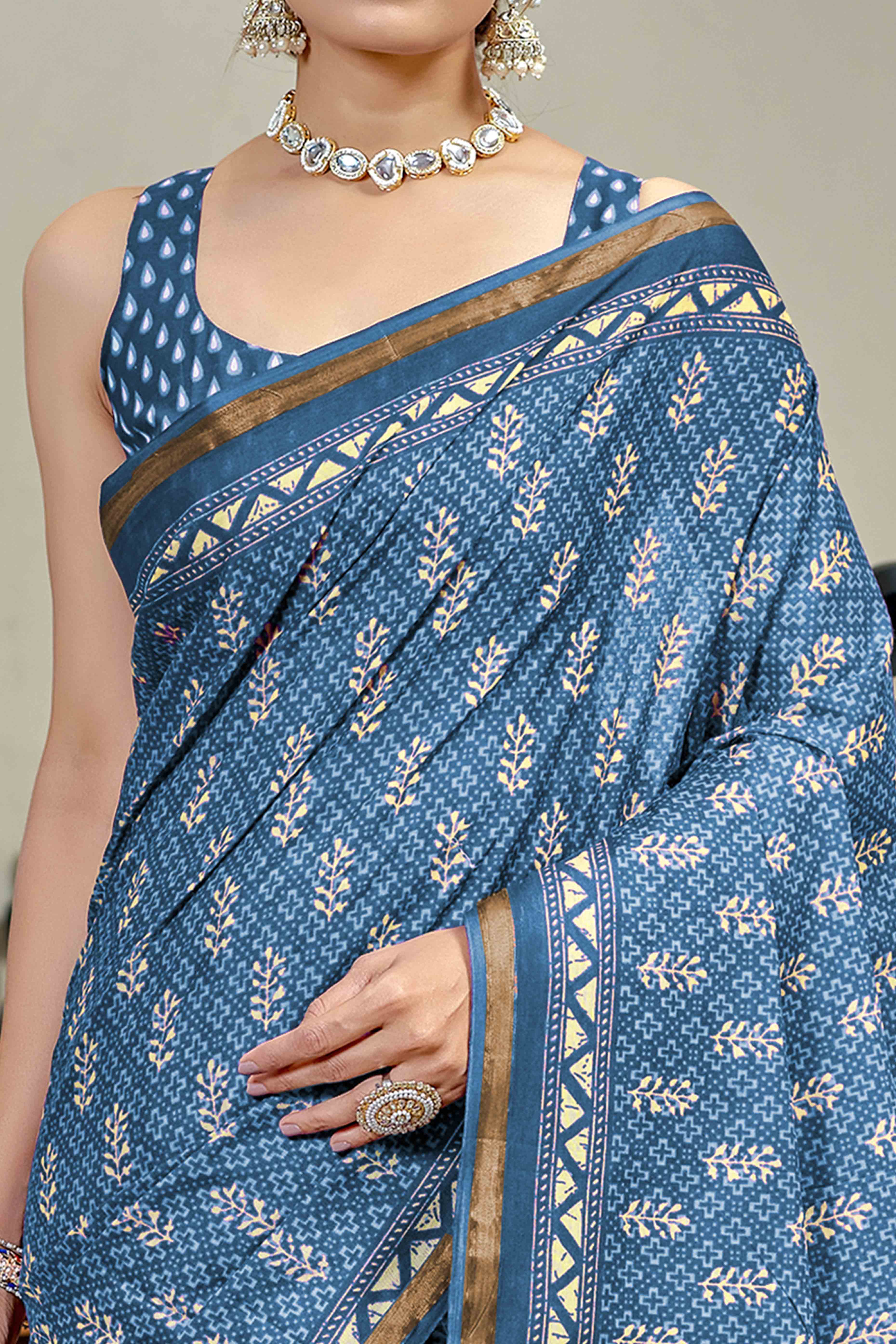 Refreshing Teal Floral Print Pure In Mulmul Saree