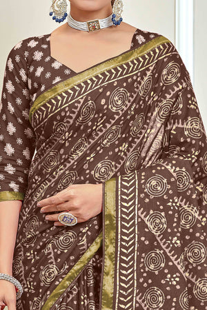Coffee Brown Abstract Print Printed Pure Mulmul Cotton Saree