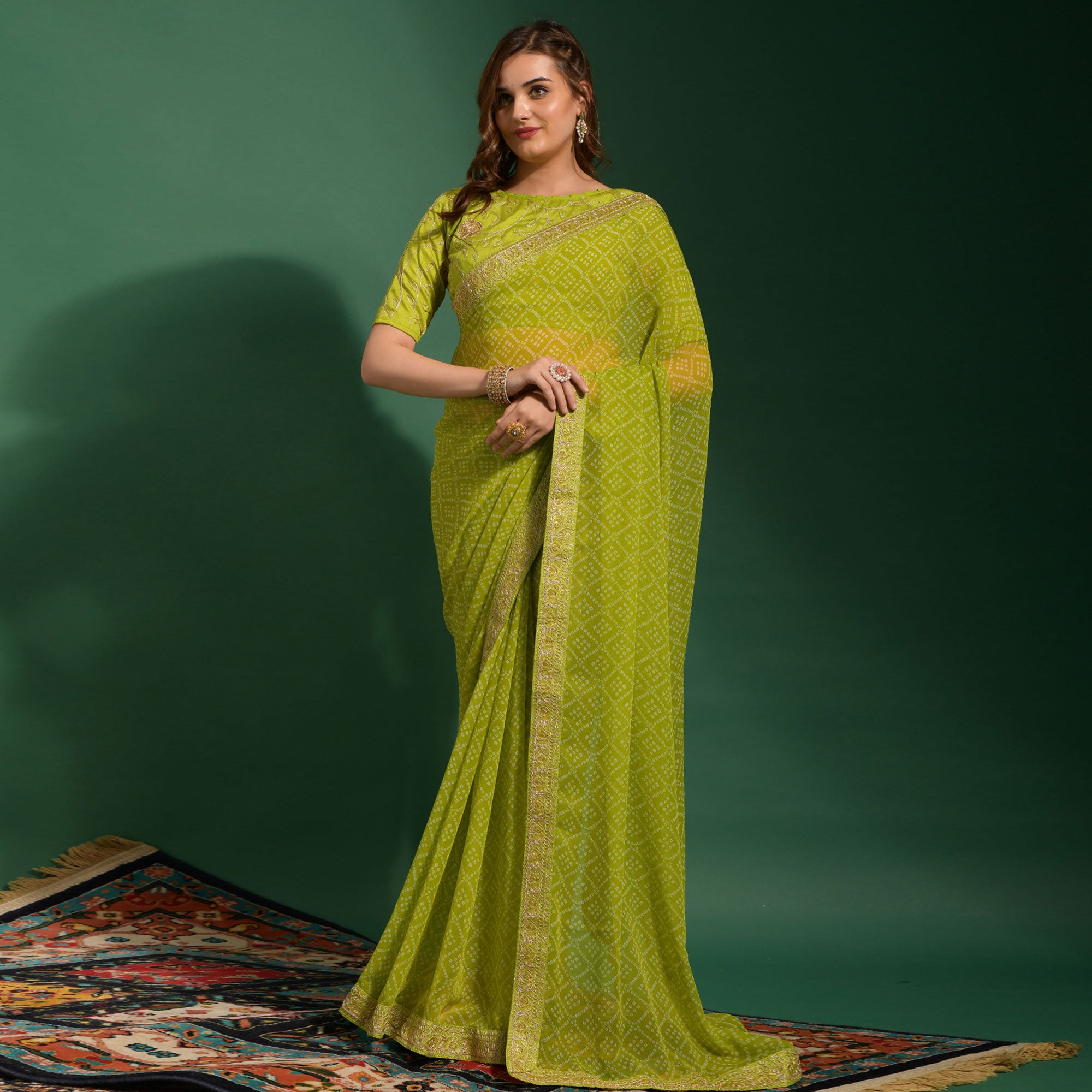 Parrot Green Bandhani Printed Georgette Saree With Embroidered Border