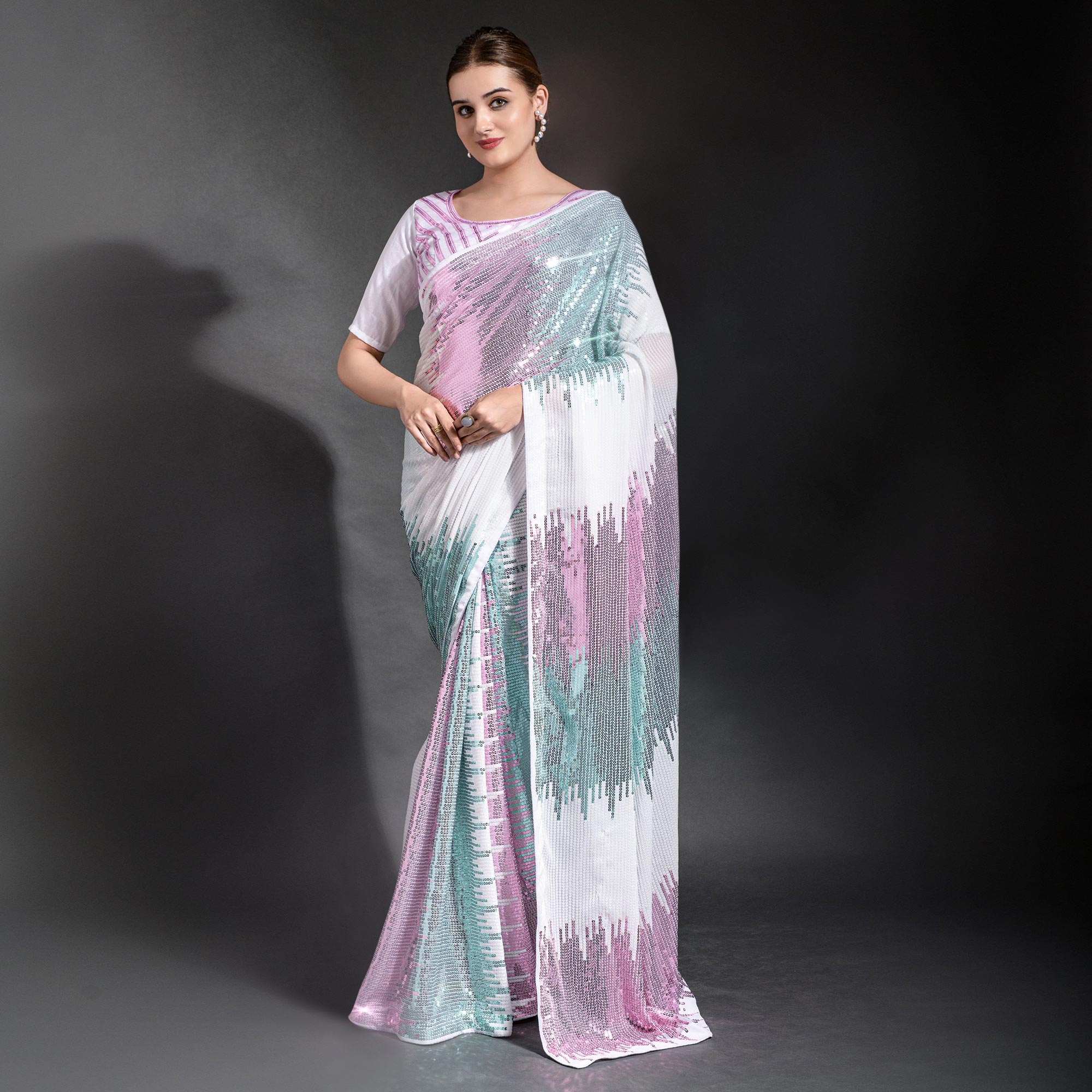 White & Pink Sequins Embroidered Georgette Saree